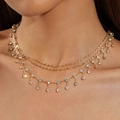 Close-up of triple-layered gold necklace set featuring cascading rhinestone fringe tassels - Layered Rhinestone Jewelry Set (8220)