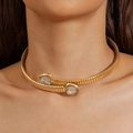 Golden snake-textured choker necklace featuring heart-shaped gemstones and crossover design - Gold Double-headed Cross Heart Style (30435-nek-G)