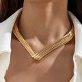 Modern layered gold metal necklace featuring a minimalist V-shaped stacked design - Gold Multi-layer V-shaped Style (30506-nek-G)