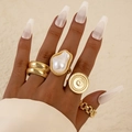Four-piece gold lava geometric ring set with large pearl and coin relief details - Gold Sun Embossed Vintage Style (28083-gold) / Set of 4 / Gold