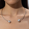 Minimalist silver-toned polished metal open choker with spherical ball accents - Silver Double Ball Open Style (31377-nek-S-EP)