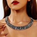 Metallic leopard print choker necklace in blue and black pattern with ribbed texture - Silver Leopard Texture Style (28090-nek-S-1)
