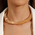 Minimalist gold textured metal choker necklace with ribbed design on white blazer - Gold Accordion Texture Style (30436-nek-G) / Gold