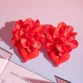 Chic red fabric flower earrings with glossy heart pendants on a gradient background - Red Layered Flower Heart Drop Earrings (28705-red)