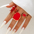 Chic gold-plated ring set featuring red crystal stones and geometric cubic designs - Red Rhinestone And Irregular Texture Style / Gold Red Combination