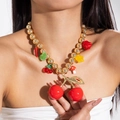 Detail of chunky gold beads necklace with oversized red cherry and mixed fruit pendants - Gold Bead Dopamine Multi-Charm (29024-G)