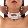 Detail of five-layer pearl choker necklace and matching drop earrings on model - Five-layer Pearl Necklace And Earrings Set (28926-white) / White