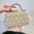 Sac de soirée élégant en perles ivoire avec poignée dorée et fermoir en strass - Or
