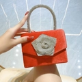 Lussuosa borsa a mano in velluto rosso con rosa e manico in strass per eventi serali - Rosso