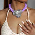 Collana retrò con perline viola e grande pendente floreale in lega d'argento - Perline Viola Pendente in Metallo Argentato(28852-purple)