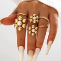 Five-piece vintage gold alloy ring set with white baroque pearls and floral accents - Flower Pearl Stackable 6-Piece Set (30378-ring-G)