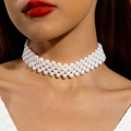 Elegant triple-strand white pearl choker necklace with vintage minimalist design - 3-Row Parallel Bright White Pearl Choker (29501-nek-white)