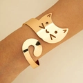 Close-up of golden hollow cat-shaped cuff bracelet with detailed whiskers and ears - Golden Cat Hollow Style (28797-golden)