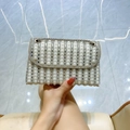 Elegant white evening clutch bag with artificial pearls and rhinestone stripe details - Silver
