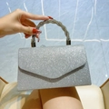Elegant silver glitter evening clutch bag with sparkling rhinestone encrusted handle - Silver
