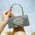 Silver rhinestone evening clutch with large 3D flower and metal round handle - Black