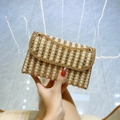 Champagne gold evening clutch bag with pearls, crystals, and gold chain strap - Gold