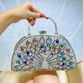 Peacock crystal evening clutch bag with multi-colored rhinestones and silver metal handle - Silver