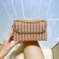 Elegant champagne evening clutch bag with rows of pearls and sparkling crystals - Champagne