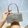 Silver rhinestone handbag with 3D rose decor and metallic handle for evening parties - Silver