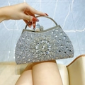 Silver semi-circular evening clutch with sparkling crystals and metal ring handle - Silver