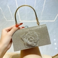 Luxe evening clutch with 3D rhinestone flower and gold round handle, sparkly party bag - Gold