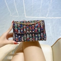 Luxury evening clutch bag featuring colorful pearls and rhinestones on a gold chain strap - Colorful Beads