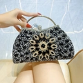 Luxury crescent evening clutch bag with black and silver sunflower rhinestone pattern - Black