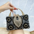 Lussuosa pochette da sera nera con strass floreali e manico in metallo dorato - Nero
