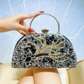 Elegant crescent evening bag with black and gold rhinestones and silver metal handle - Black