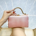Elegante roze satijnen avondclutch met gouden metalen handvat en strass-sluiting decor - Rozerood