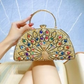Elegant peacock crystal evening clutch bag with gold ring handle and colorful rhinestones - Gold