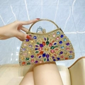 Luxurious champagne crystal evening bag with colorful gems and gold handle ring - Iridescent Gold