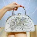Elegant semi-circular evening clutch with sparkling rhinestones and silver handle - White