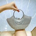 Sparkling silver rhinestone evening clutch bag with round metal ring handle - Silver