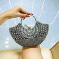 Sparkling silver fan-shaped evening clutch bag with rhinestones and metal handle - Black