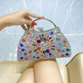 Silver evening clutch with colorful gemstone floral pattern and rhinestone handle - Multi-color Silver
