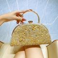 Elegant semi-circular evening clutch bag with gold and silver rhinestones and metal handle - Gold
