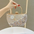 Pochette de soirée champagne à paillettes avec perles florales et poignée - Bleu foncé
