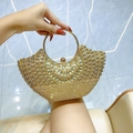 Golden fan-shaped evening clutch bag with sparkling rhinestones and metal ring handle - Gold