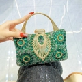 Luxurious dark green evening clutch with emerald-like gems and gold handle - Green