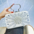 Elegante pochette da sera a pavone bianca con strass di cristallo e manico in metallo - Bianco
