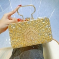 Elegante borsa da sera dorata con motivo a pavone in cristallo e manico tondo in metallo - Oro