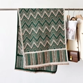 Thick vintage dark green and beige zigzag knit scarf with fringe for winter warmth - Zigzag Beige Green