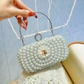 Elegant pearl evening clutch bag with flower pattern and silver metal ring handle - Silver