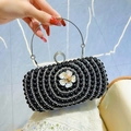 Handmade black pearl evening bag featuring rhinestone concentric circles and metal handle - Black