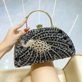 Luxury semi-circle black rhinestone evening clutch with peacock pattern and gold handle - Black