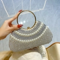 Silver luxury evening clutch bag with sparkling rhinestones, pearls and gold round handle - Silver