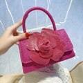 Elegant rose red rhinestone evening clutch with 3D flower and top handle chain - Rose Red