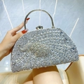 Silver rhinestone evening clutch bag with peacock pattern and metal handle - White